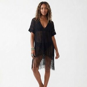 Hers and Mine Knit Poncho Swimsuit Coverup Black Fringe Boho Festival Size M/L